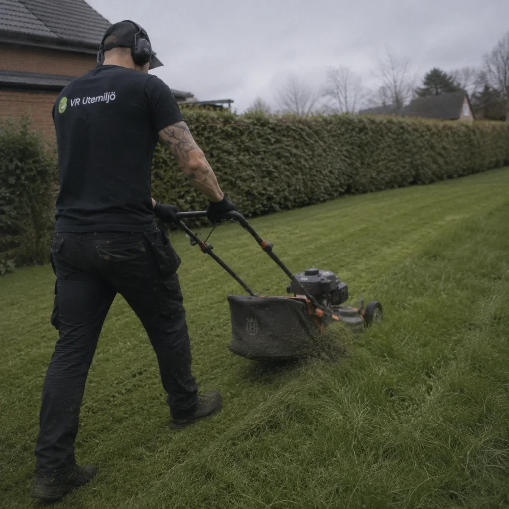 Gräsklippning Vellinge – arbetare klipper gräsmatta 