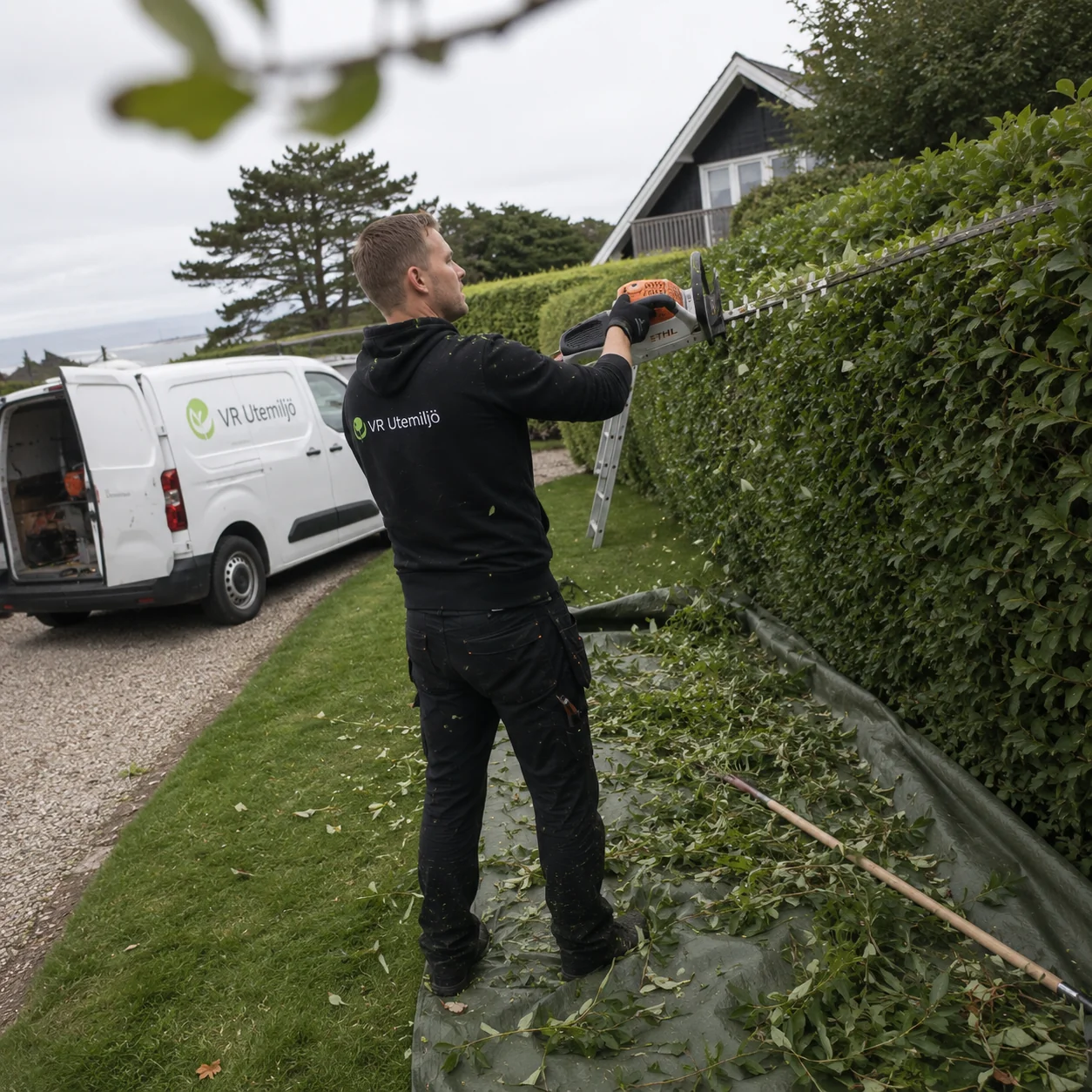 VR Utemiljö klipper häck med häcksax i trädgård i Trelleborg
