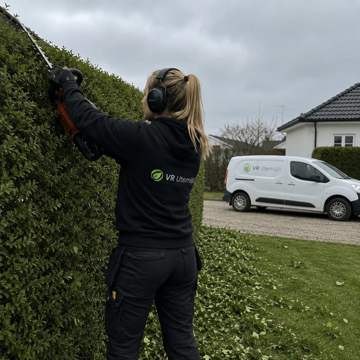 VR Utemiljö klipper häck med häcksax i trädgård i Skåne